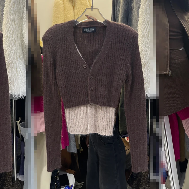 

Облегающий кардиган с v-образным вырезом и одной пуговицей, сращенный искусственный двухсекционный трикотаж, гонконгский женский модный зимний свитер