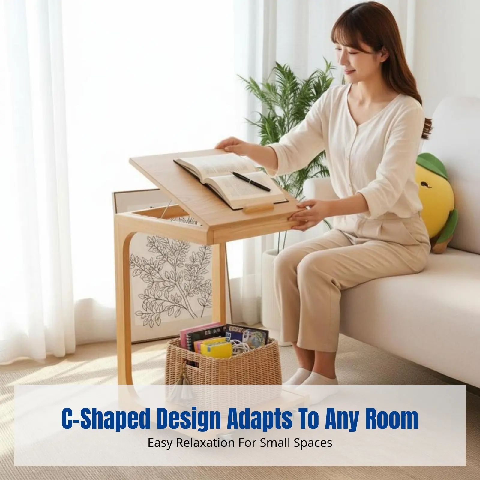 

Мобильный журнальный столик из массива дерева C-образной формы с откидной столешницей, приставной столик с отсеком для хранения, регулируемый угол наклона, для гостиной, дивана, прикроватный.