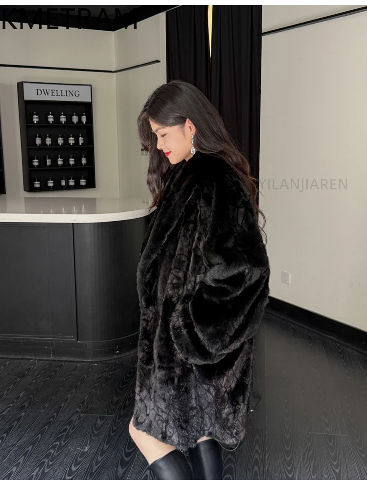 KMETRAM 100% سترة فرو المنك امرأة شال أنيق طوق منتصف طول معطف الفرو الحقيقي الوافدين الجدد الشتاء النساء الملابس 2025 شوهبات