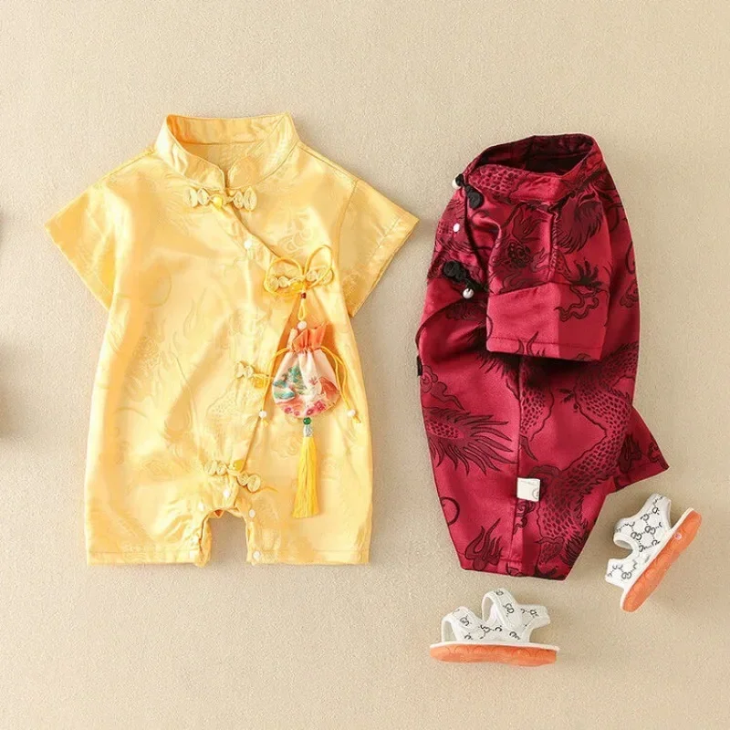 2023 Traditional Chinese Satin Dragon Jacquard Short Sleeve Tang Suit Rompers Newborn Baby Unisex Casual Infant Baby Clothes