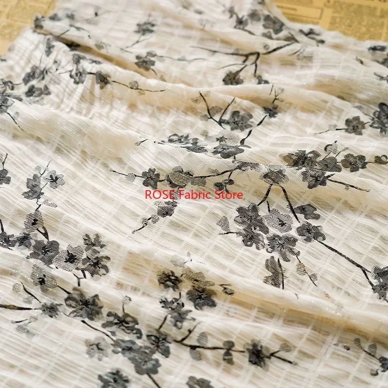 Black plum blossom Printing Chiffon Fabric Silver thread embroidery lattice fabric for  Skirts,Bridal Gown