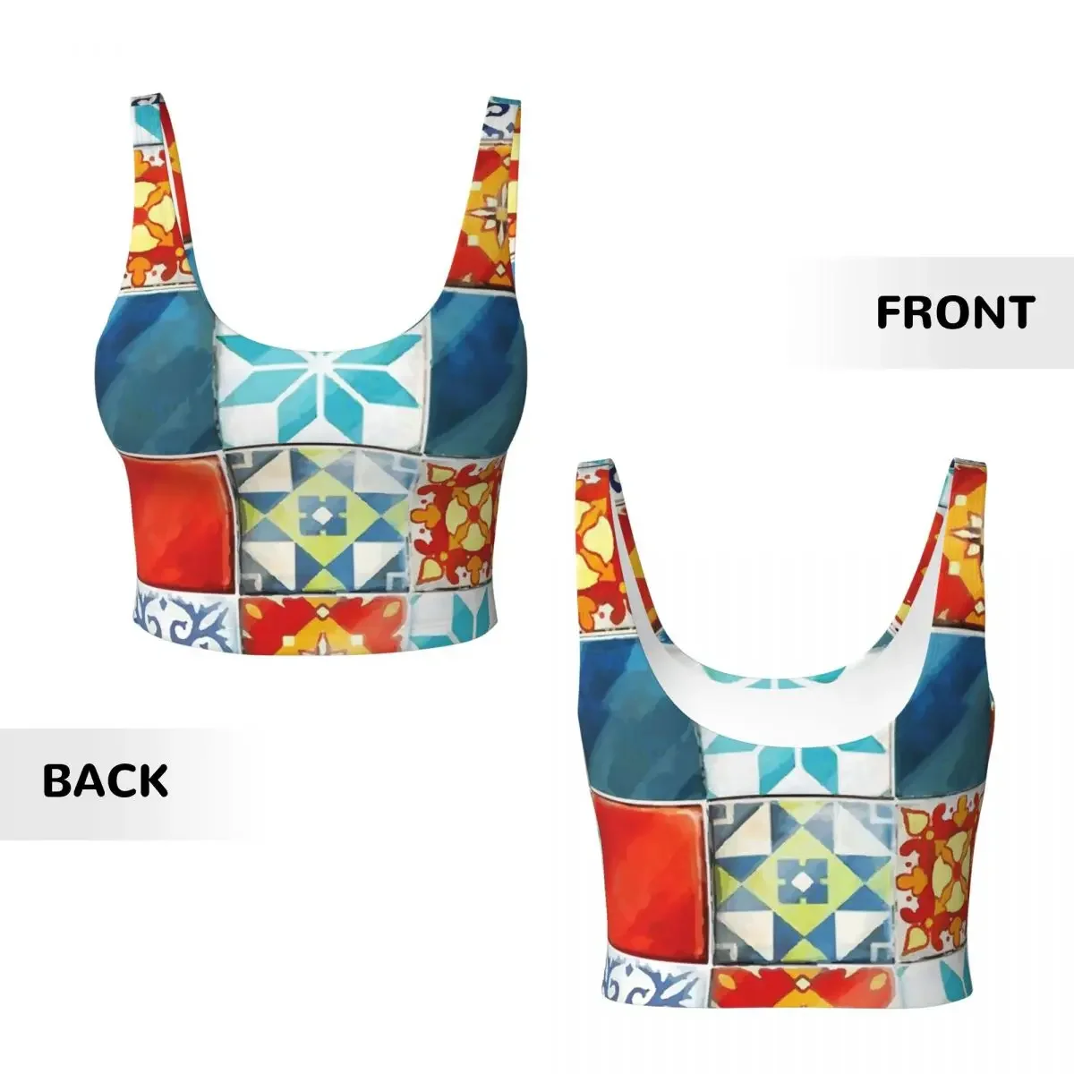 Custom Colorful Azulejos Tiles From Azul Board Game Women Sports Vest Bras Gym Workout High Impact Yoga Crop Tank Tops
