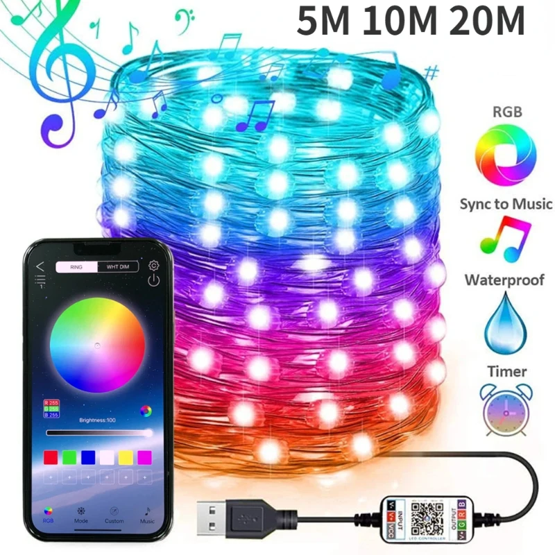 Guirnalda de luces LED con Control por Bluetooth, lámpara inteligente USB para exteriores, interior, dormitorio, fiesta, Navidad, RGB