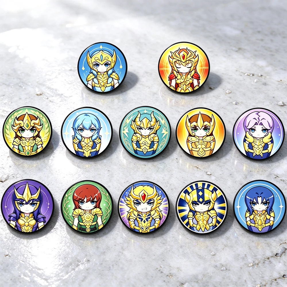 12Pcs Saint Seiya Gold Saints Enamel Pins Set UV Print Chibi Character Brooch Badges for Fans of Knights of the Zodiac