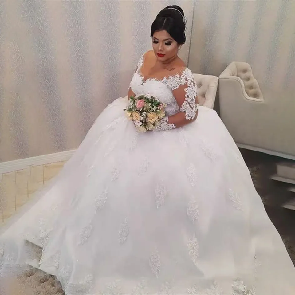 Customized Vestido De Wedding Dress Plus Size Illusion Long Sleeve Pearls Beaded Appliques White Bridal Gowns vestido de noiva
