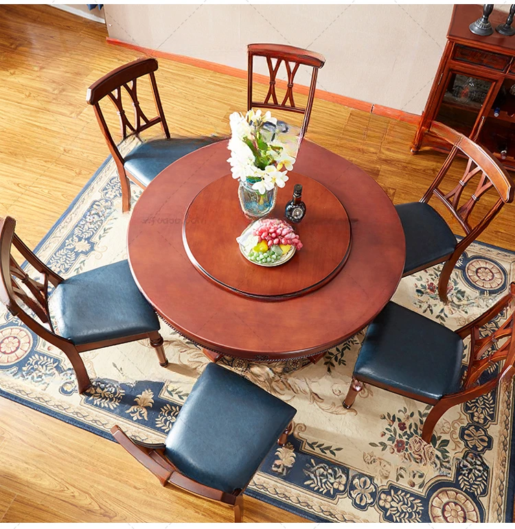 American Style All Solid Wood Dining Room Table and Chair Set Modern Extended Round Table 6 Chairs