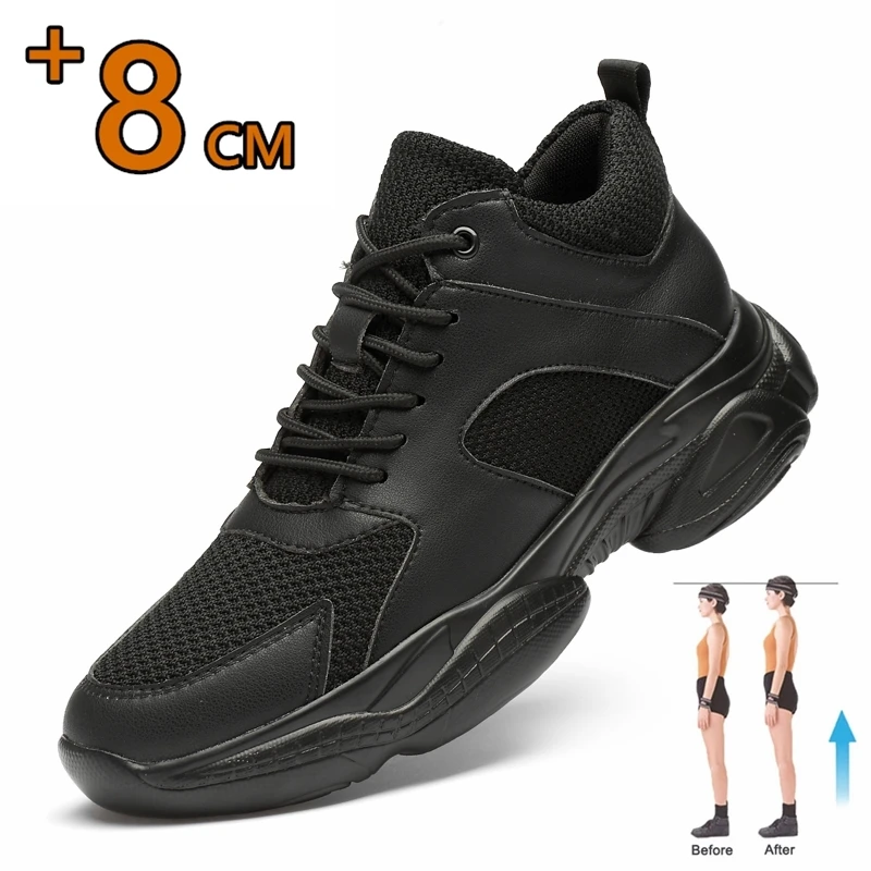 Men Mesh+Leather Elevator Sneakers 8cm Insole Height Increased Shoes Teenager Unisex Hidden Heels Inner Heightening Lift Sports