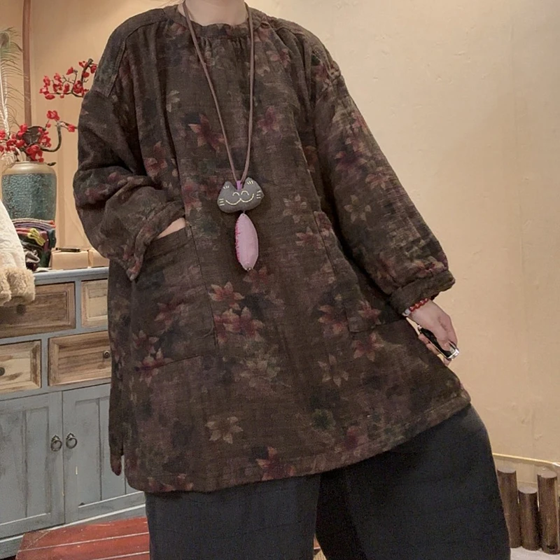 

26 Новинка: Женские осенне-зимние парки с цветочным принтом, хлопковые повседневные свободные пальто с длинными рукавами и круглым вырезом из хлопка и льна Y189