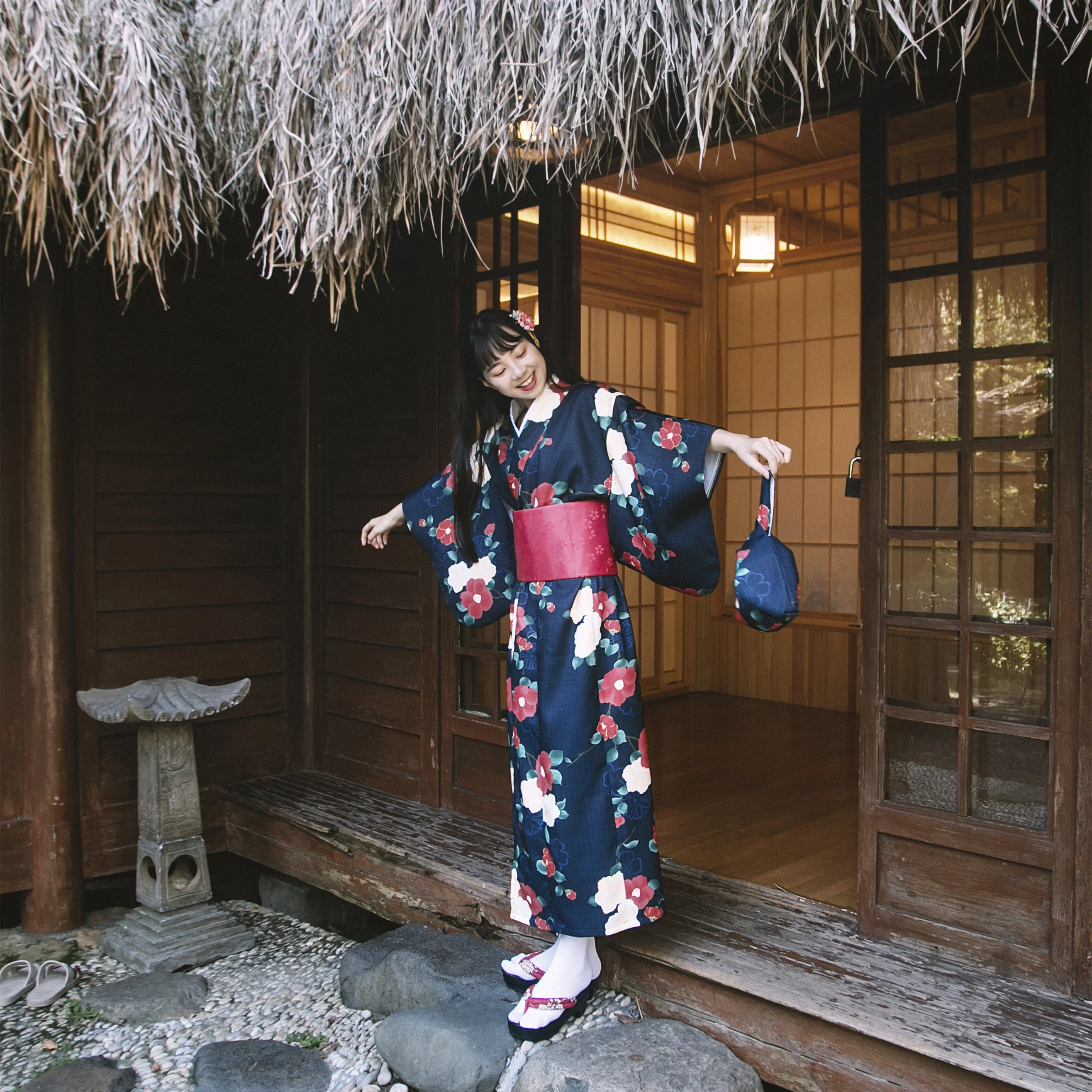 

Dark Blue Camellia Prints Women Kimono Japan Style Traditional Yukata Photography Long Dress Cosplay Costume