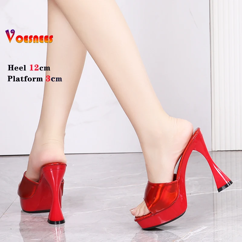 New 2024 Red Laser Club Platform Sandals Women Sexy Open Toe One Broadband Slip-On 12CM Thick High Heel Shoe Outdoor Slippers