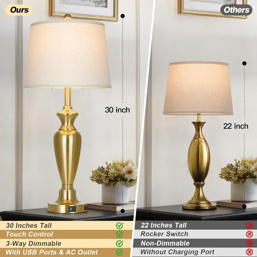 30인치 높이의 골드 테이블 램프 2개 세트 (거실용 터치 컨트롤 침실용 협탁 램프, 3단계 밝기 조절 가능)