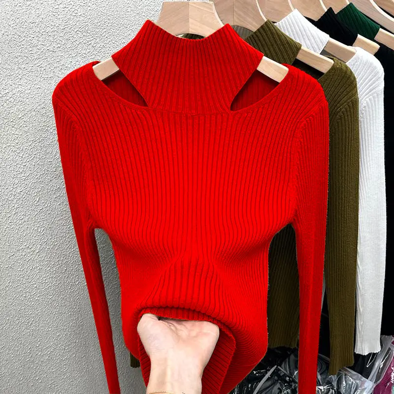 Semi-turtleneck Sweater Knitted Base Layer Women's Underwear Autumn Winter Chic Cut-out Off-the-shoulder Top 2026 New Women
