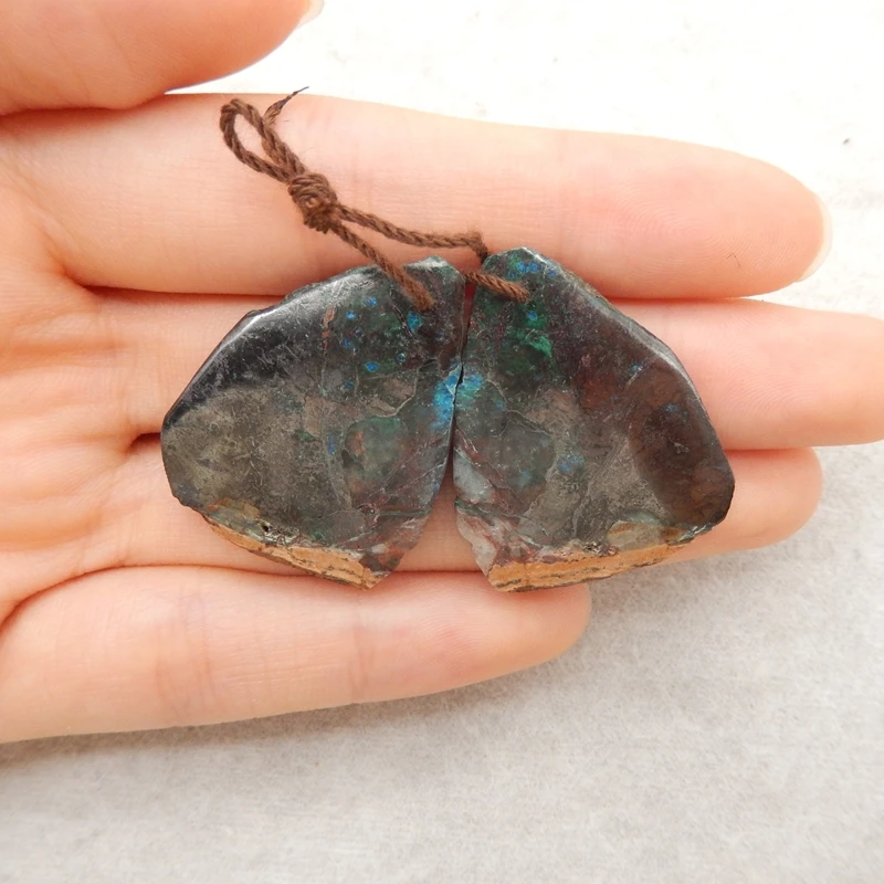 

2PCS Chrysocolla Raw Slab Pendant Pair Dark Base Turquoise-Blue Gemstone Jewelry Components 31x24x5mm 16.3g