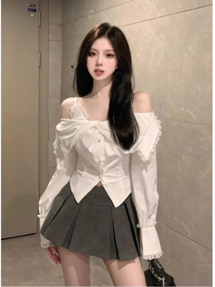 Kimotimo Women Shirt Korean Preppy Style Off Shoulder Waist Long Sleeve Short Blouses Sweet Slim Spliced Lace Design Y2k Tops