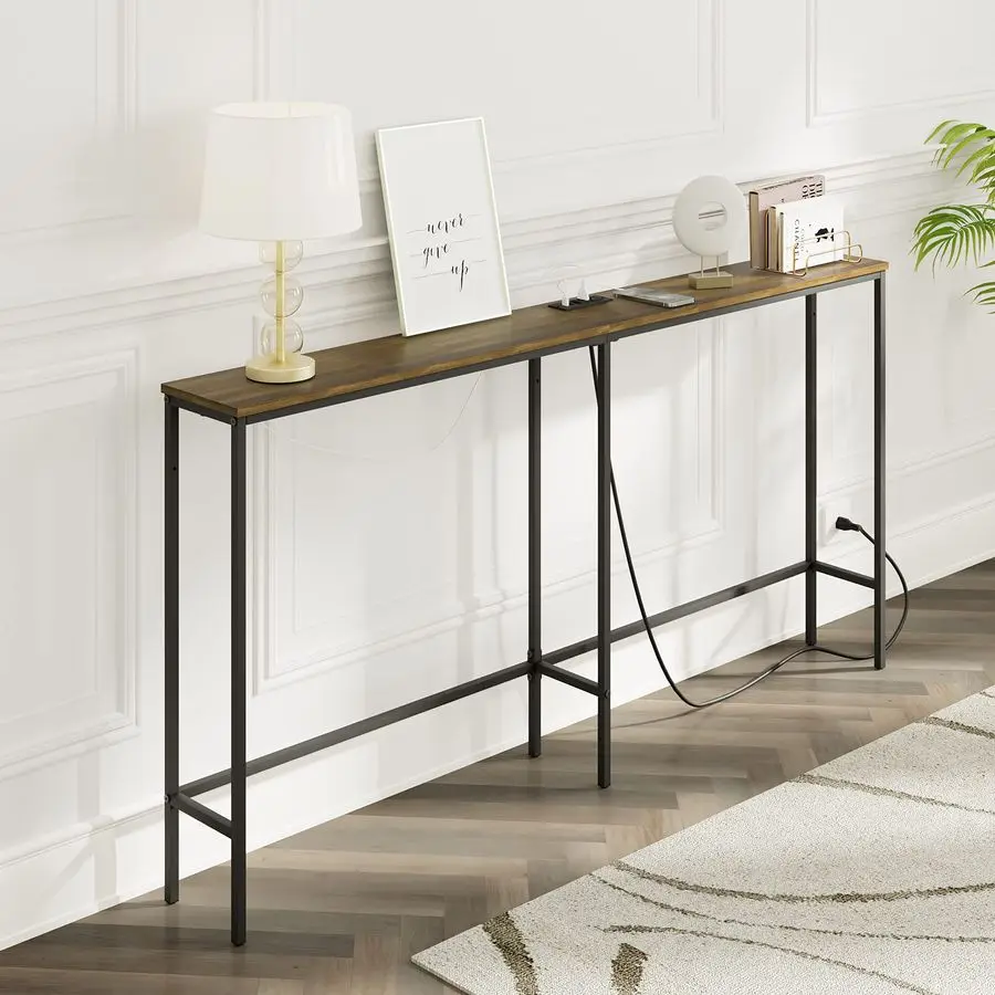 

63 Inch Console Table with Power Outlet,Modern Narrow Long Sofa Table Behind Couch,Skinny Entry Table with Black Metal Frame fo