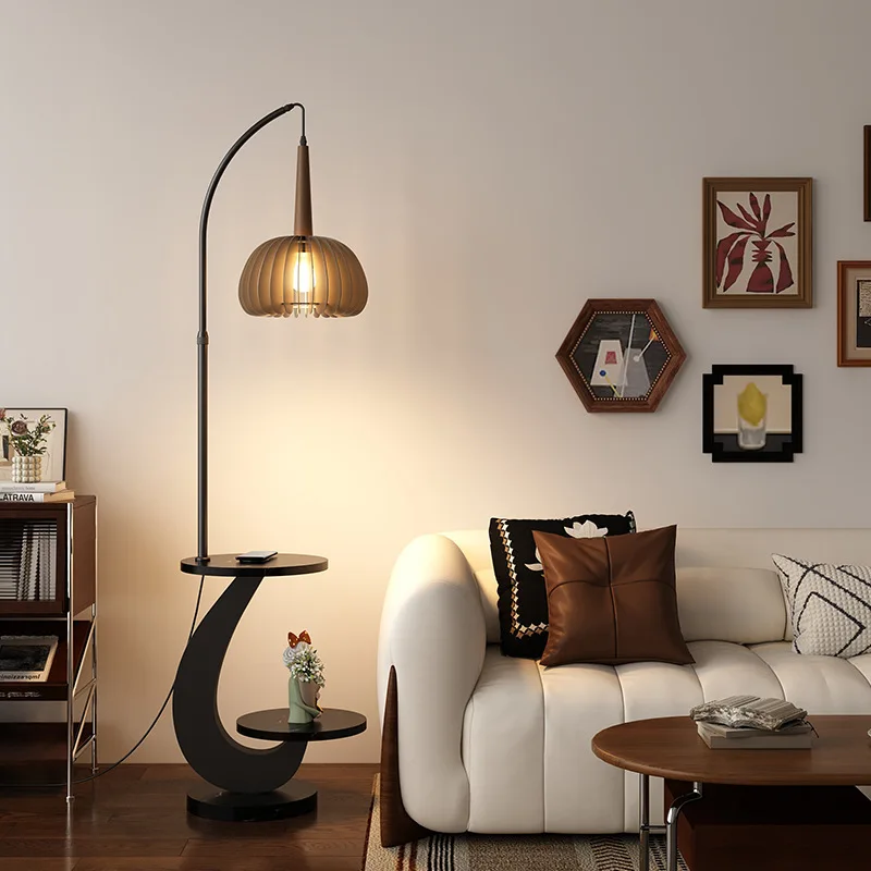 medieval floor lamp, American retro, several shelves next to the living room sofa