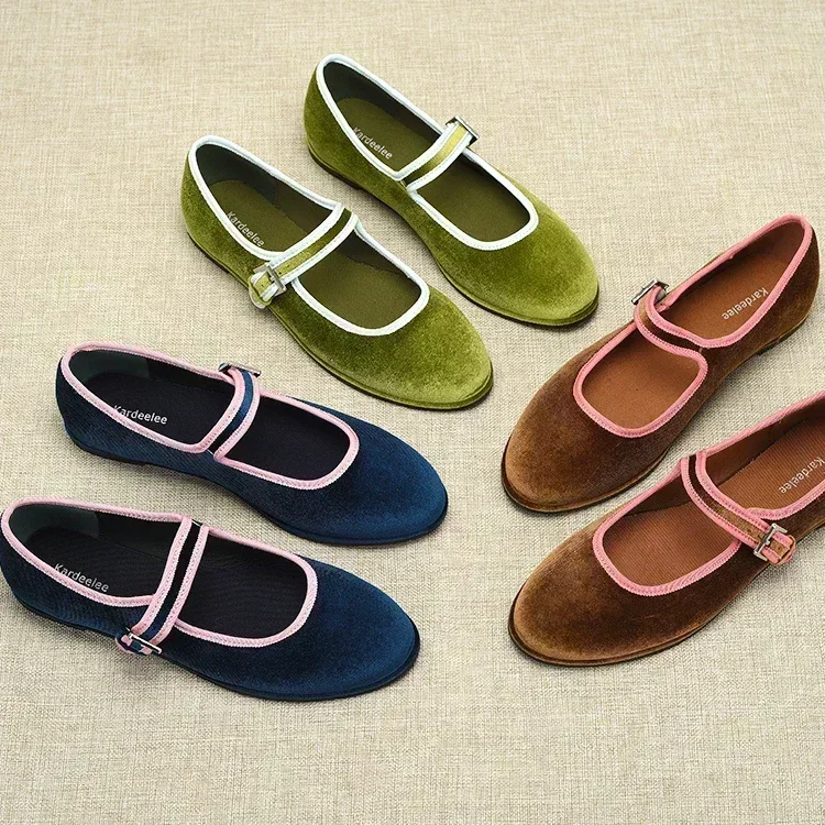 Spanish style Flats Round Toe Women\'s Shoes Velvet Flats Fashion Mary Jane Shoes Women Shoes Green Blue Brown