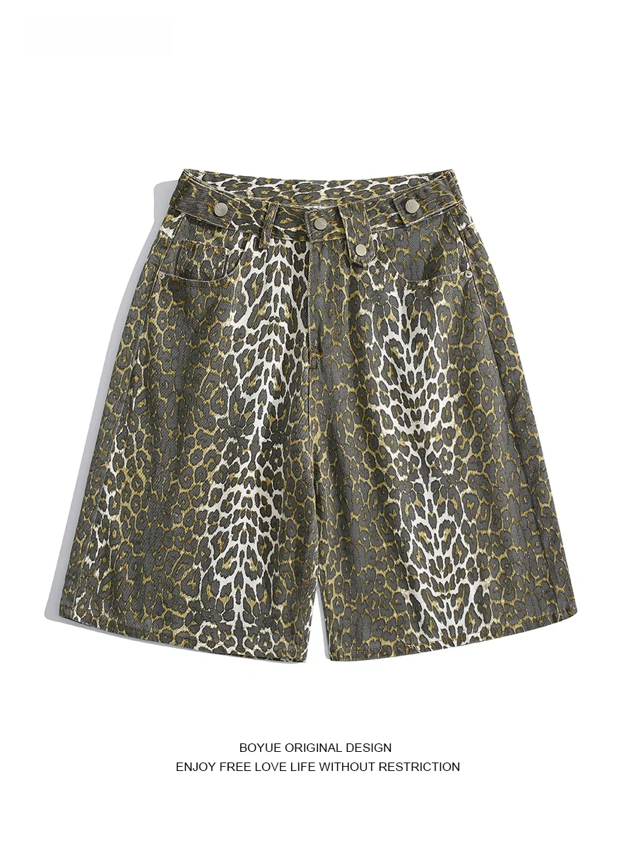 Boyue American Style Streetwear Leopard Print Denim Shorts Men's Workwear Outerwear Cityboy Wide Leg Five-Quarter Pants