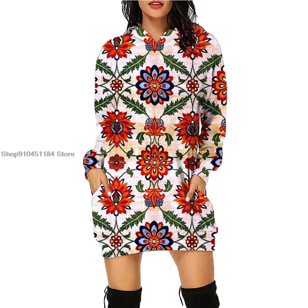 Women Casual  Floral Print Dress Sweatshirt Winter Round Neck Pullover Dress Fashion Streetwear Outdoor Daily Long Sleeve