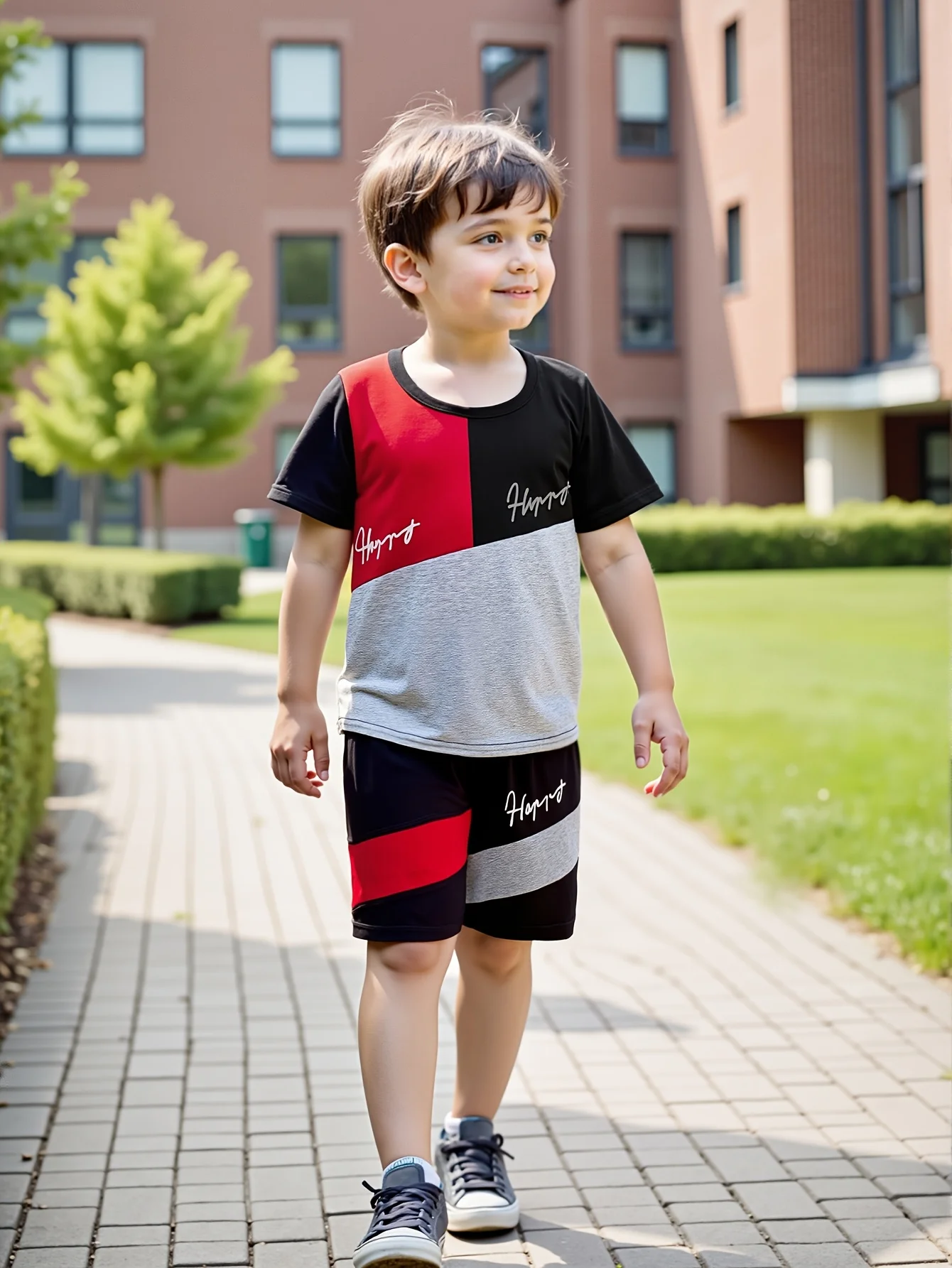 

2 Boys' Fashionable Happy Letter Printed Color Blocked Comfortable and Versatile Short Sleeved T-shirts and Shorts Set, Cool,
