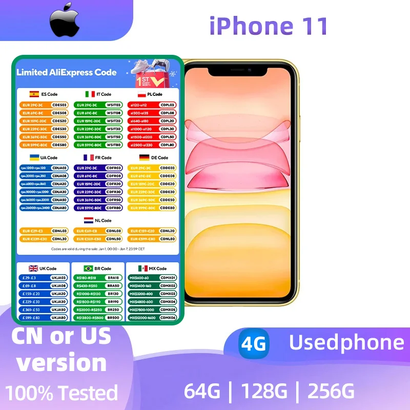 Apple iPhone 11 Original iOS Mobile Phone 6.1inch A13 Bionic 4GB RAM 64GB/128GB/256GB ROM Hexa Core 12MP NFC 4G LTE used phone