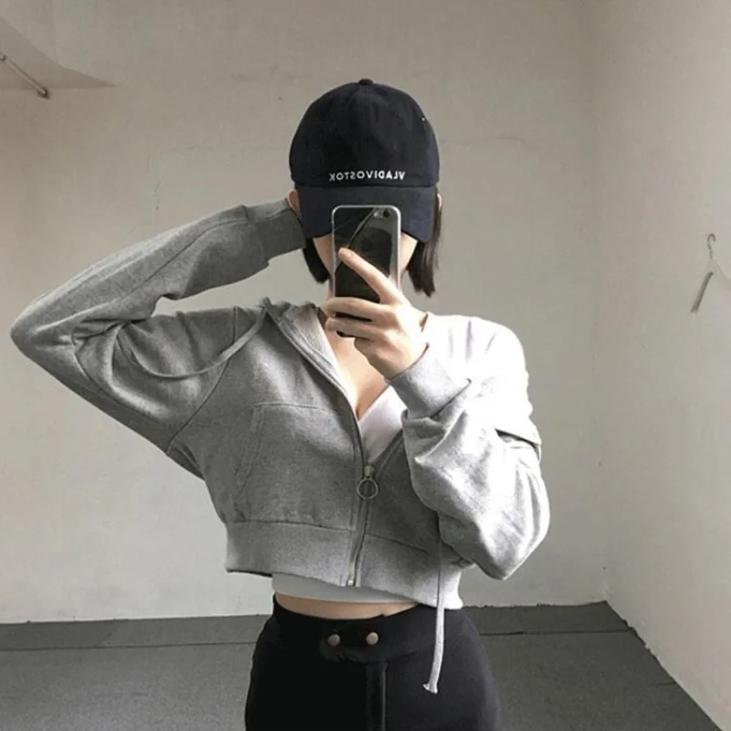 

Thin Hoodies Sweatshirts Spring Autumn New Long Sleeve Solid Zipper Short Harajuku Style Cardigan Fashion Trend Women Clothing