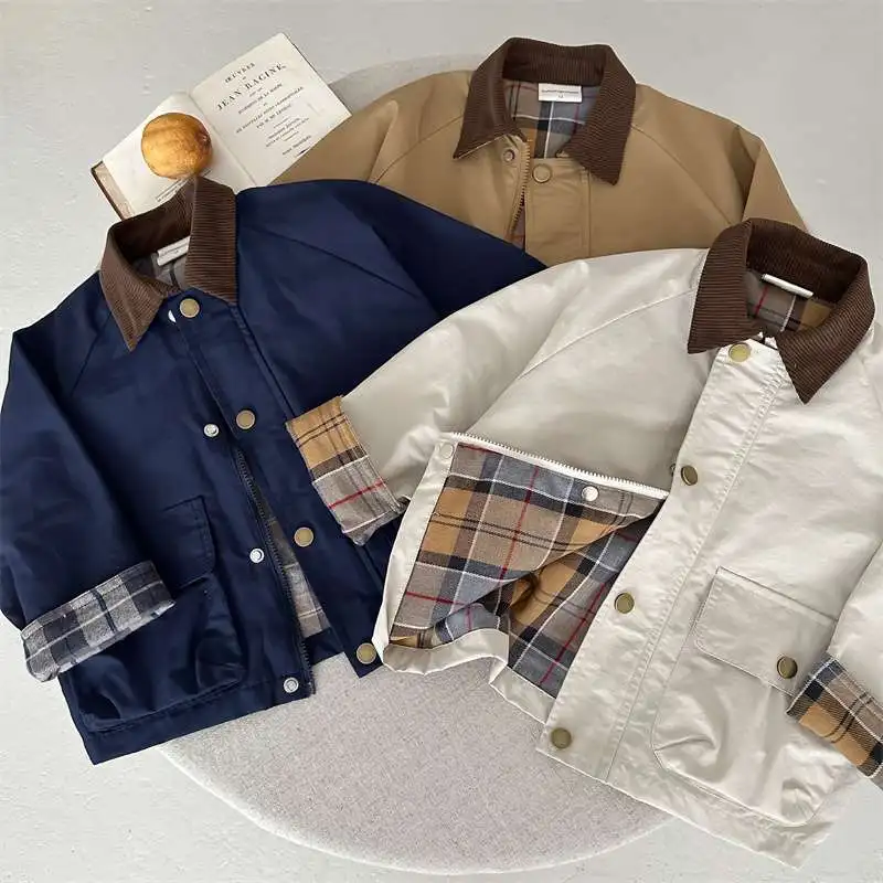 

2025 Spring Autumn Kids Boys Jacket Plaid Spliced Pocket Long Sleeve Toddler Boys Outerwears Coat Children Boys Jacket