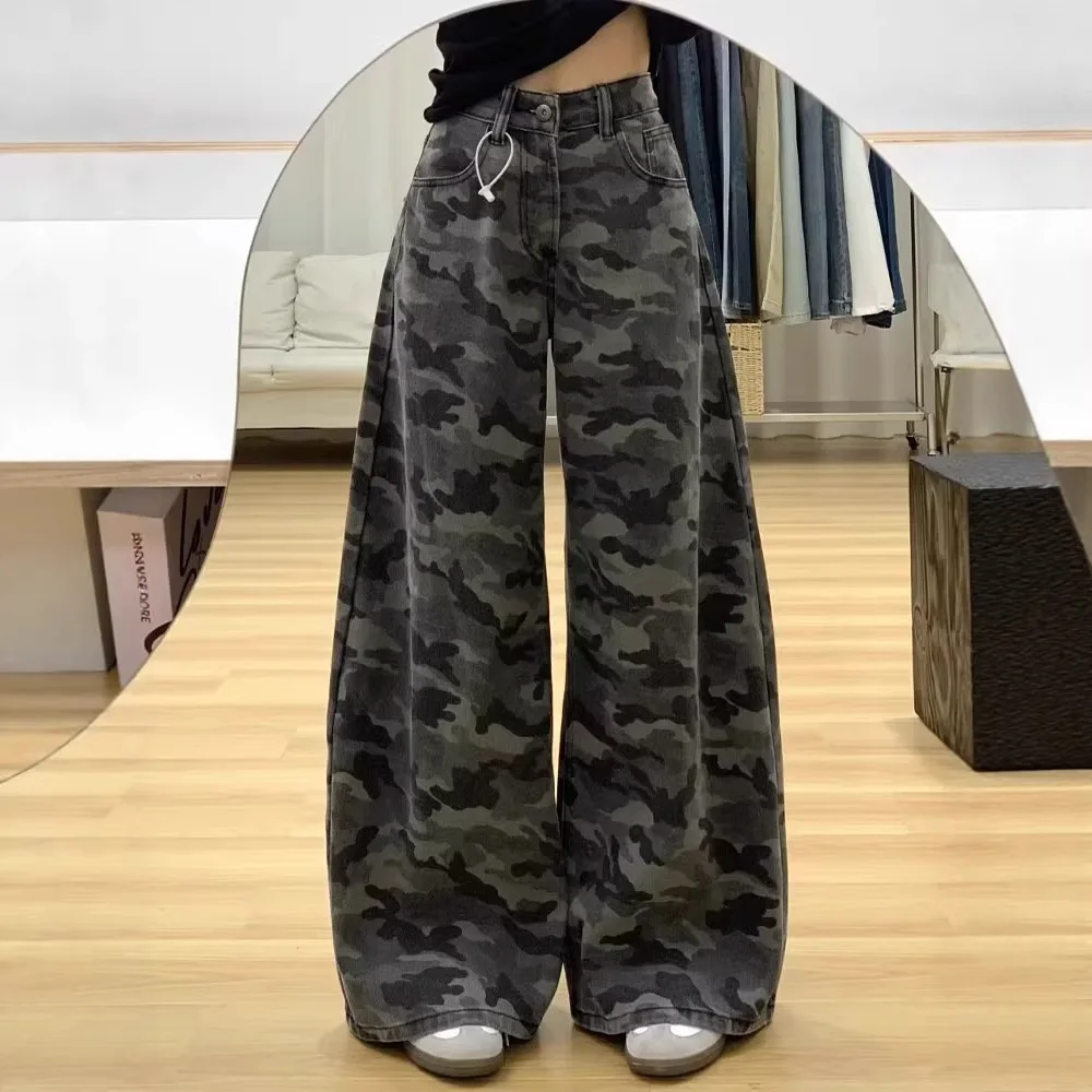 High-Waisted American Retro Camouflage Denim Y2K Straight-Leg Wide-Leg Pants