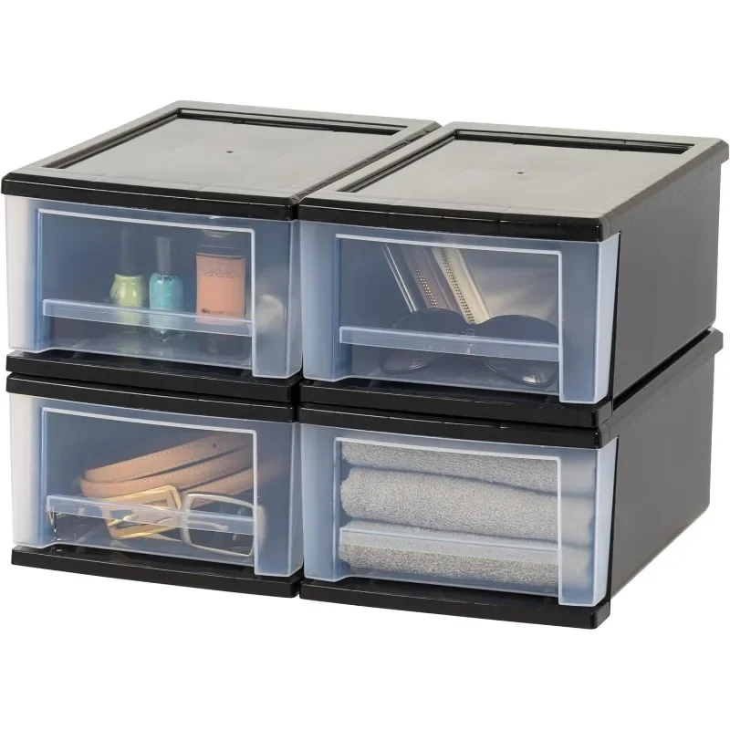 7Qt Plastic Drawer Storage Organizer Stacking Drawers,4-Pack,Stackable Unit with Sliding Drawer for Clothes Bedroom Office,Black