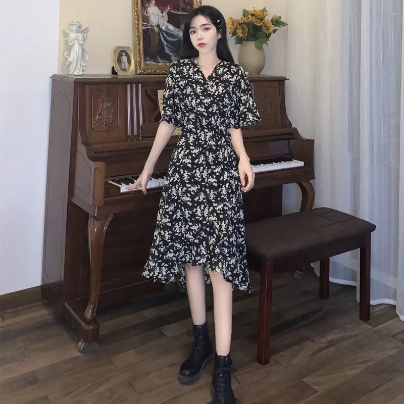Short Sleeve Dress Women Floral BF Midi Elegant Boho Party Summer V-neck Korean Style Vestidos Feminino Empire Sweet Mature Ins