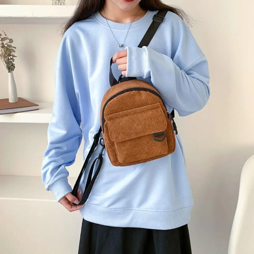 

Solid Color Small Velvet Backpack Fashion Stripe Double Layer OL Style Shoulder Bag Phone Bag All-match Small School Bag School