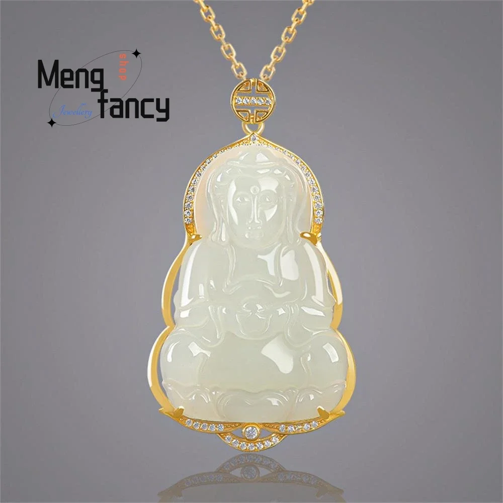 

S925 Silver Inlaid Natural Old Material Hetian White Jade Guanyin Pendant High-grade Exquisite Luxury Quality Fashion Jewelry