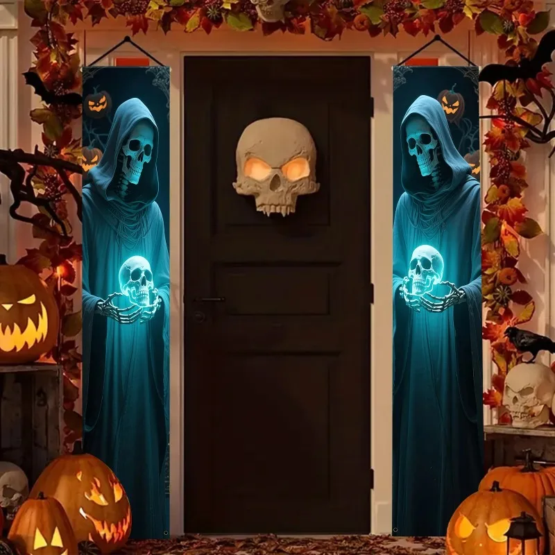 لافتة حفلات،، أزواج تزيين حفلات الهالوين، لافتات معلقة ثنائية الأبعاد بتصميم هيكل عظمي بأردية سوداء وشخصيات بغطاء للرأس #6