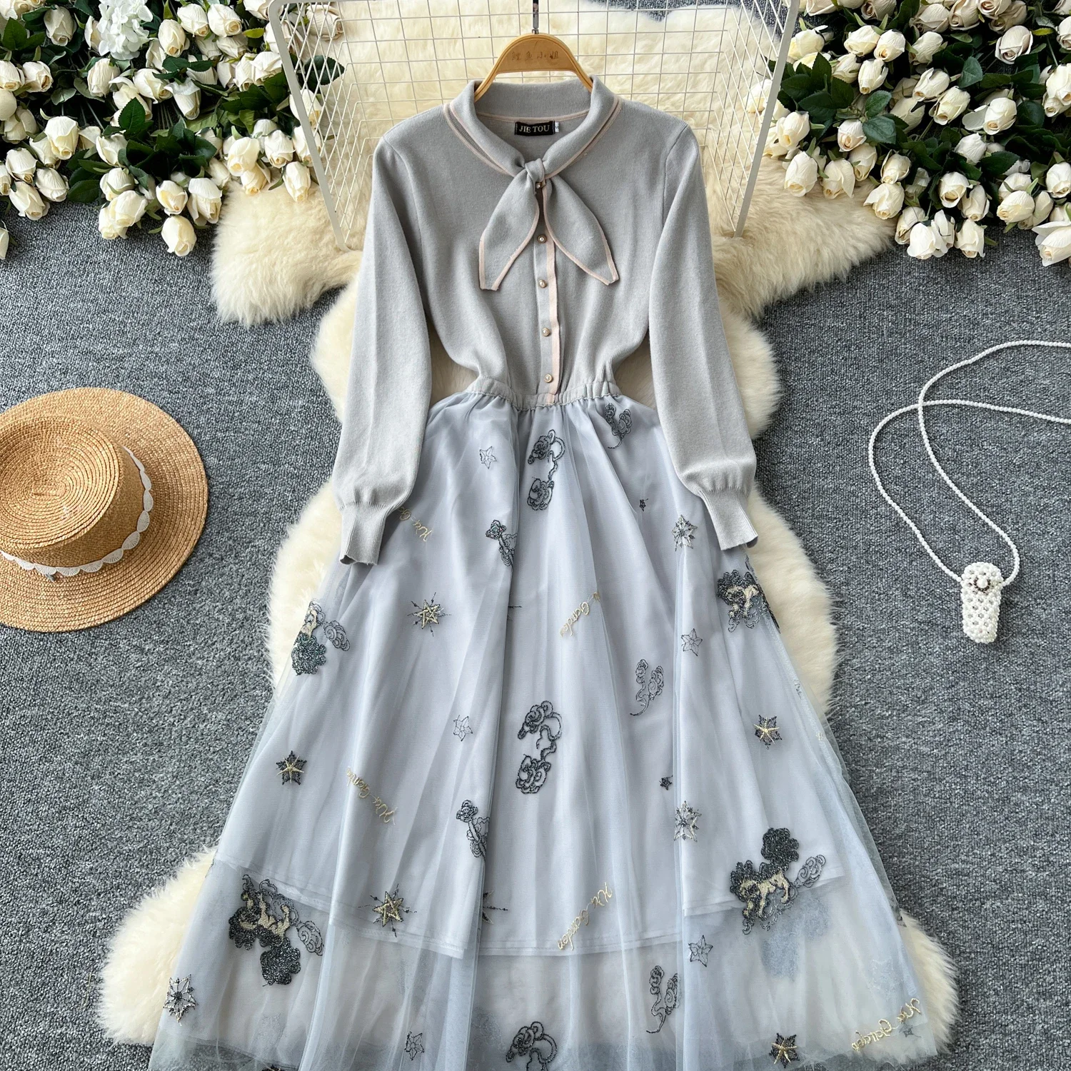 Chic Turn-down Collar Knit Elegant Embroidered Mesh Spliced Fairycore Dress High Street Women Vintage Korean Autumn Clothing