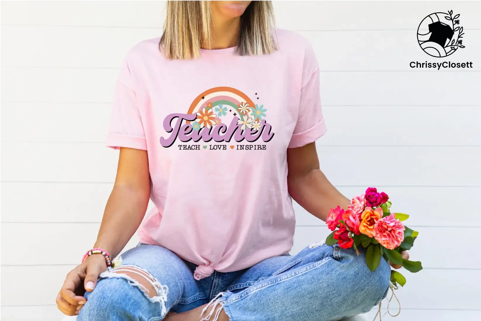 Lehrer-Lehrer-T-Shirt mit Aufschrift „Love Inspire“ im Retro-Regenbogen-Stil, „Back to School“, niedliches Wertschätzungsleben