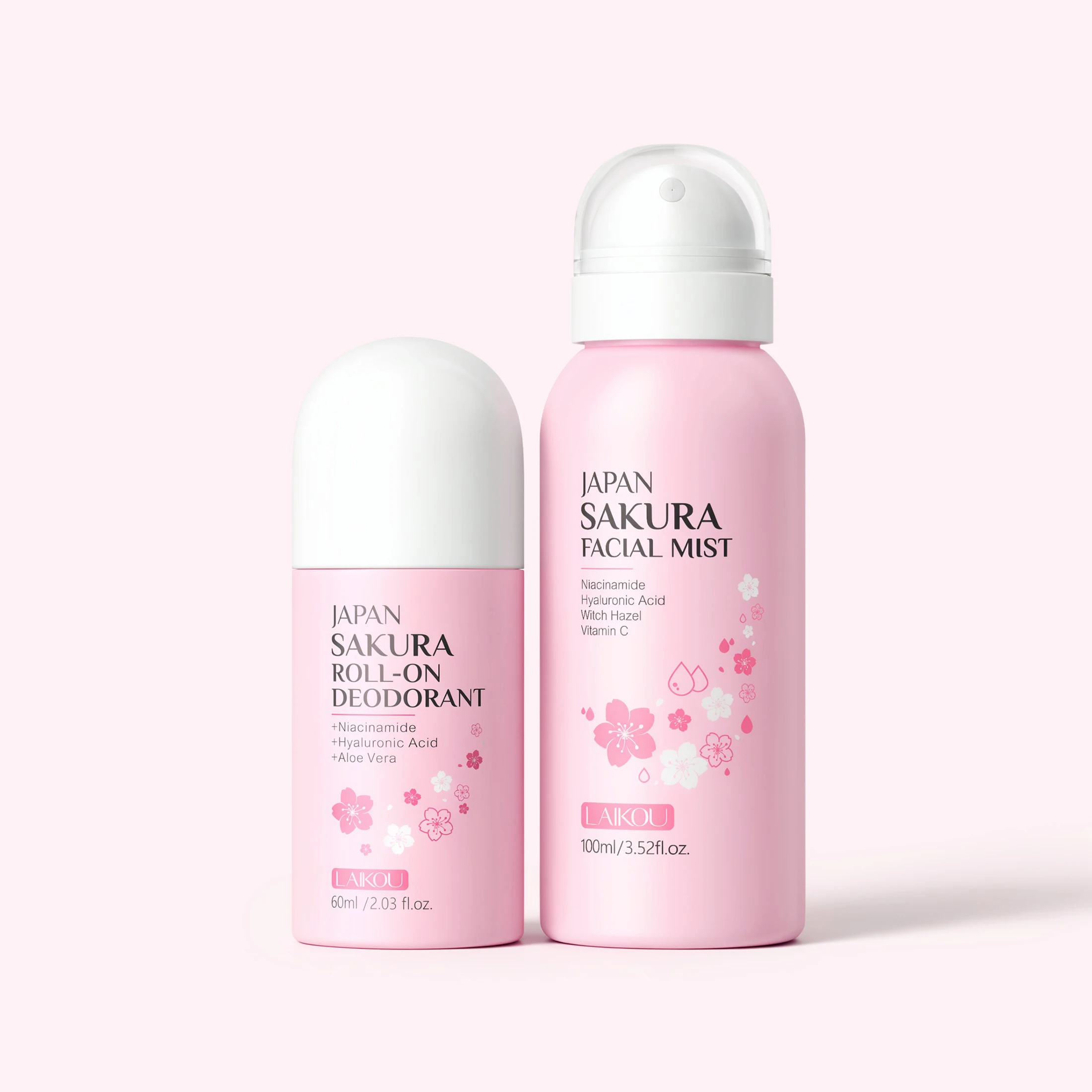 LAIKOU Japan Sakura Skin Care Combo,Facial Mist Spray 100ml,Body Roll‑on Deodorant 60ml,Refreshing Hydrating Fragrance Set
