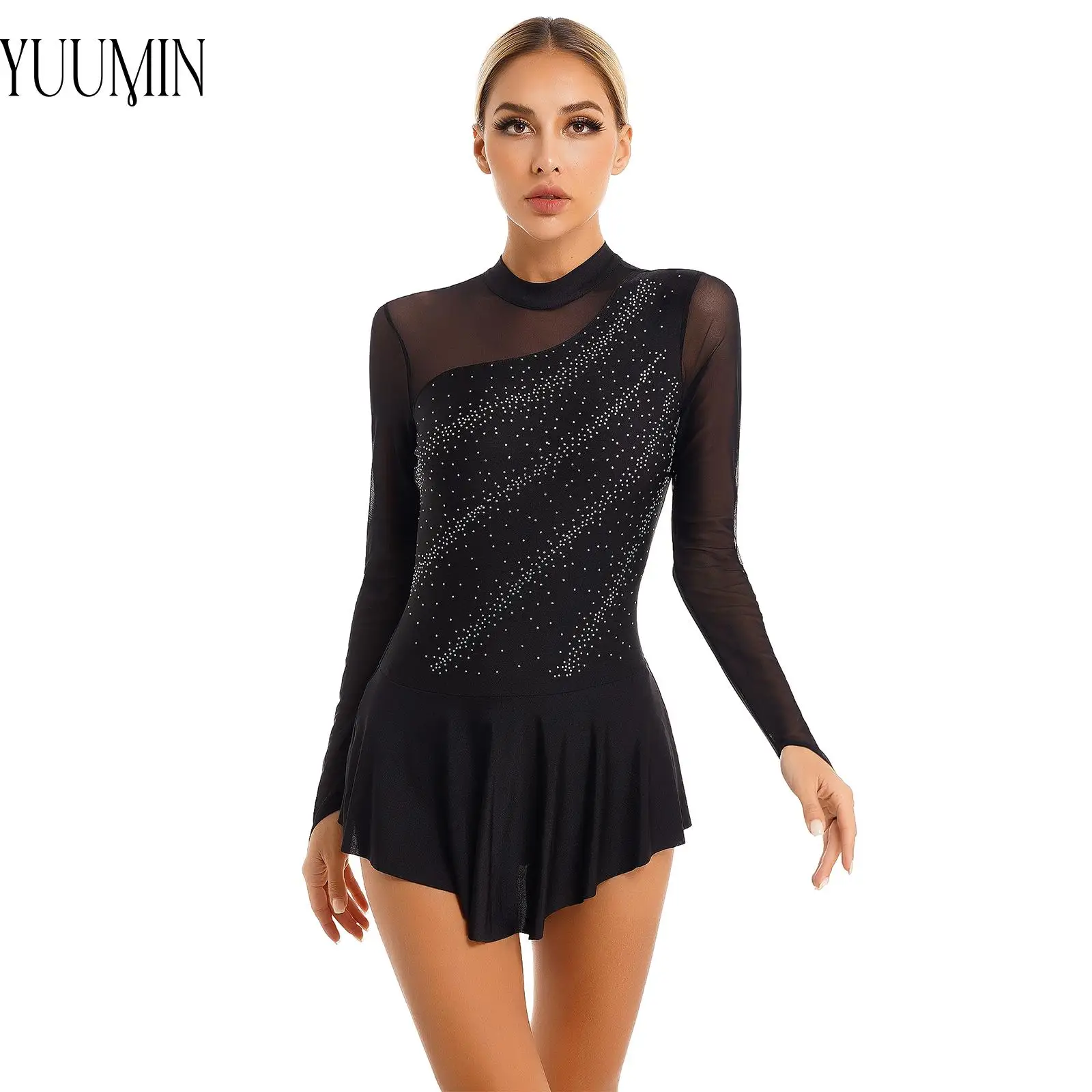 Women Figure Skating Dance Dresses Glitter Rhinestone Sheer Mesh Patchwork Long Sleeve Leotard Dress