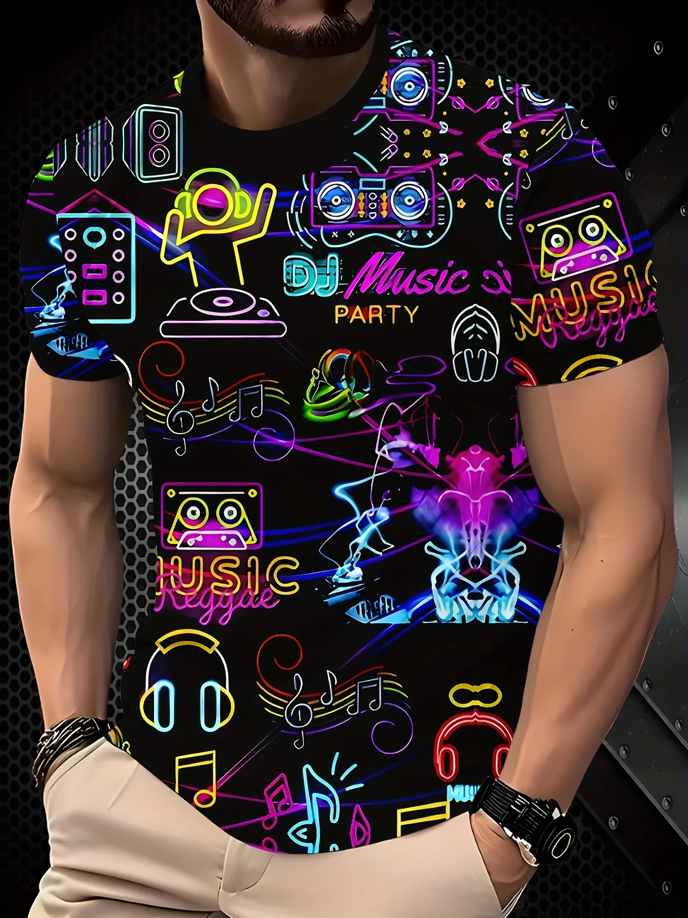 Men's Neon DJ Music Party Print T-Shirt Black Colorful Note Headphone Full Streetwear Tee