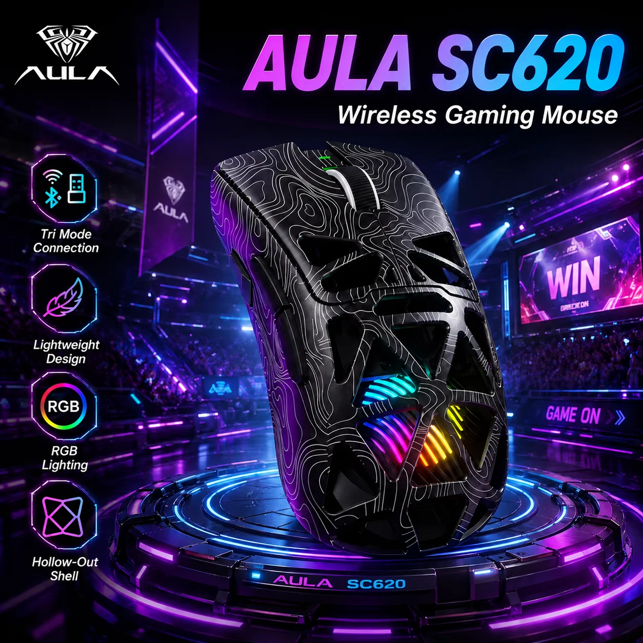 AULA SC620 Tri-Mode Wireless Gaming Mouse, 2.4G Bluetooth Wired, Lightweight Hollow Design, Esports Mouse for Desktop Laptop