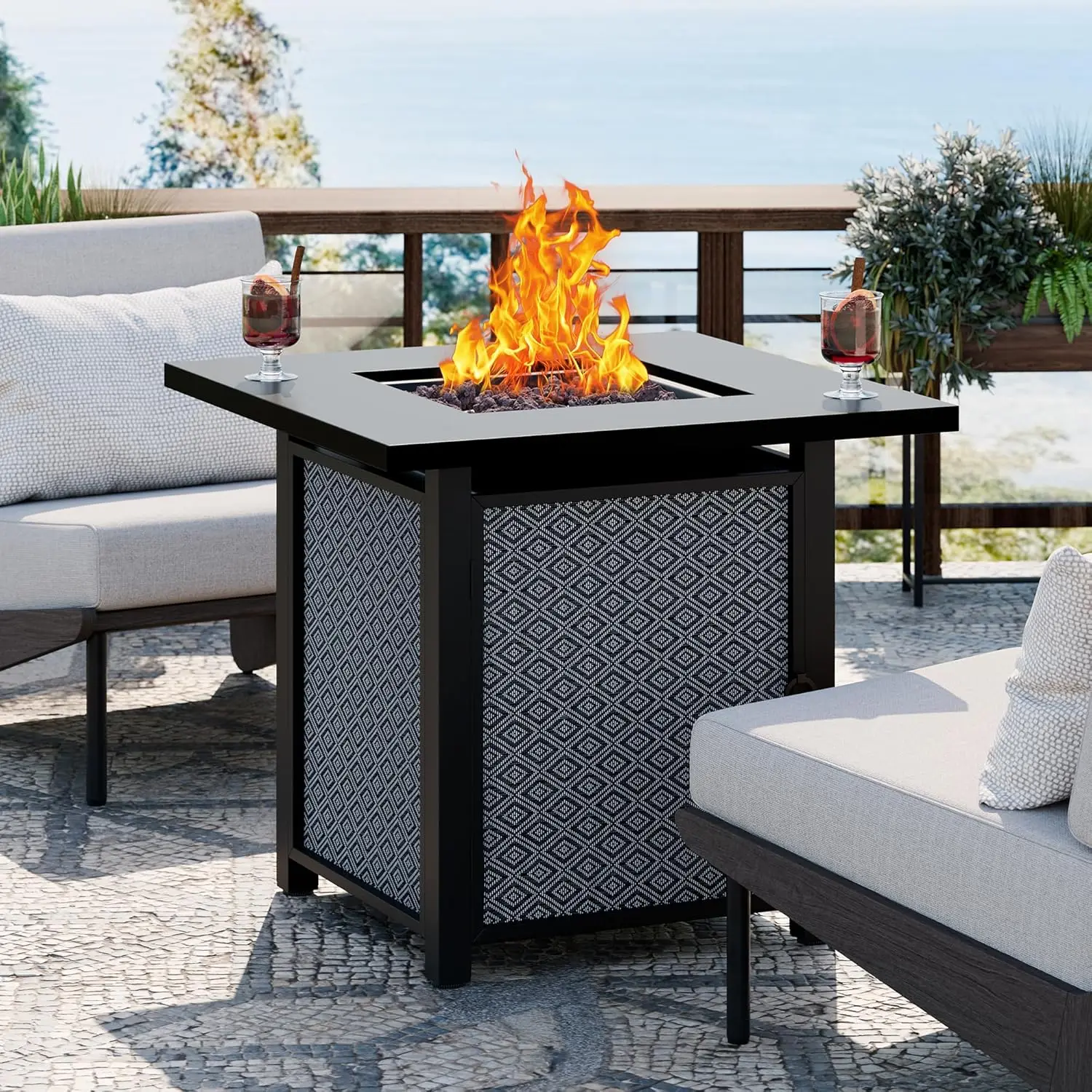 28 Inch Propane Fire Pit Table, Outdoor Gas Fire Pits 50,000 BTU with Lava Rocks, Waterproof Cover and Lid