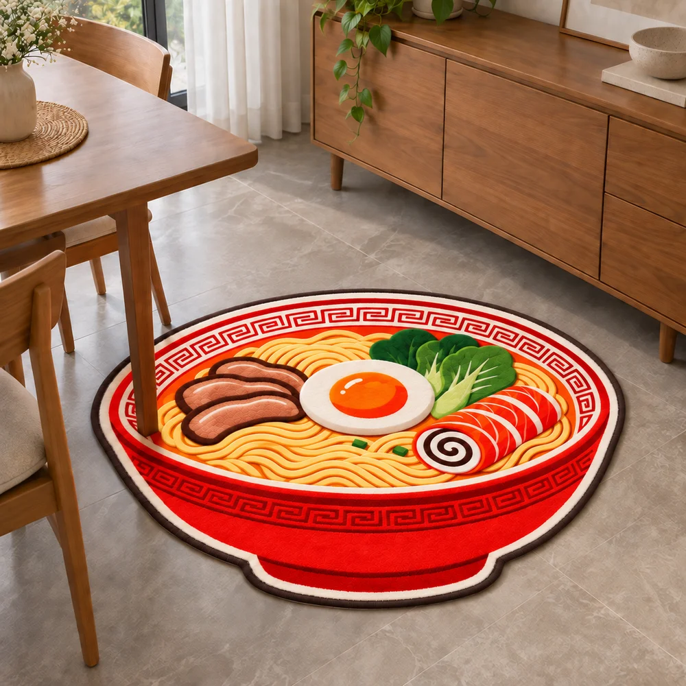Ramen Bowl Shaped Area Rug Soft Short Plush Japanese Noodle Food Floor Mat for Kitchen Dining Room Entryway Bedroom Home Decor