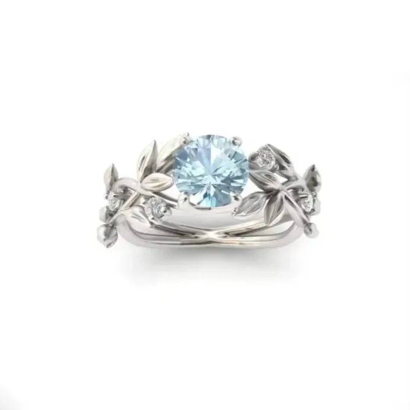 European and American style light luxury olive leaf sea blue zircon women\'s ring