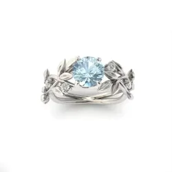 European and American style light luxury olive leaf sea blue zircon women's ring