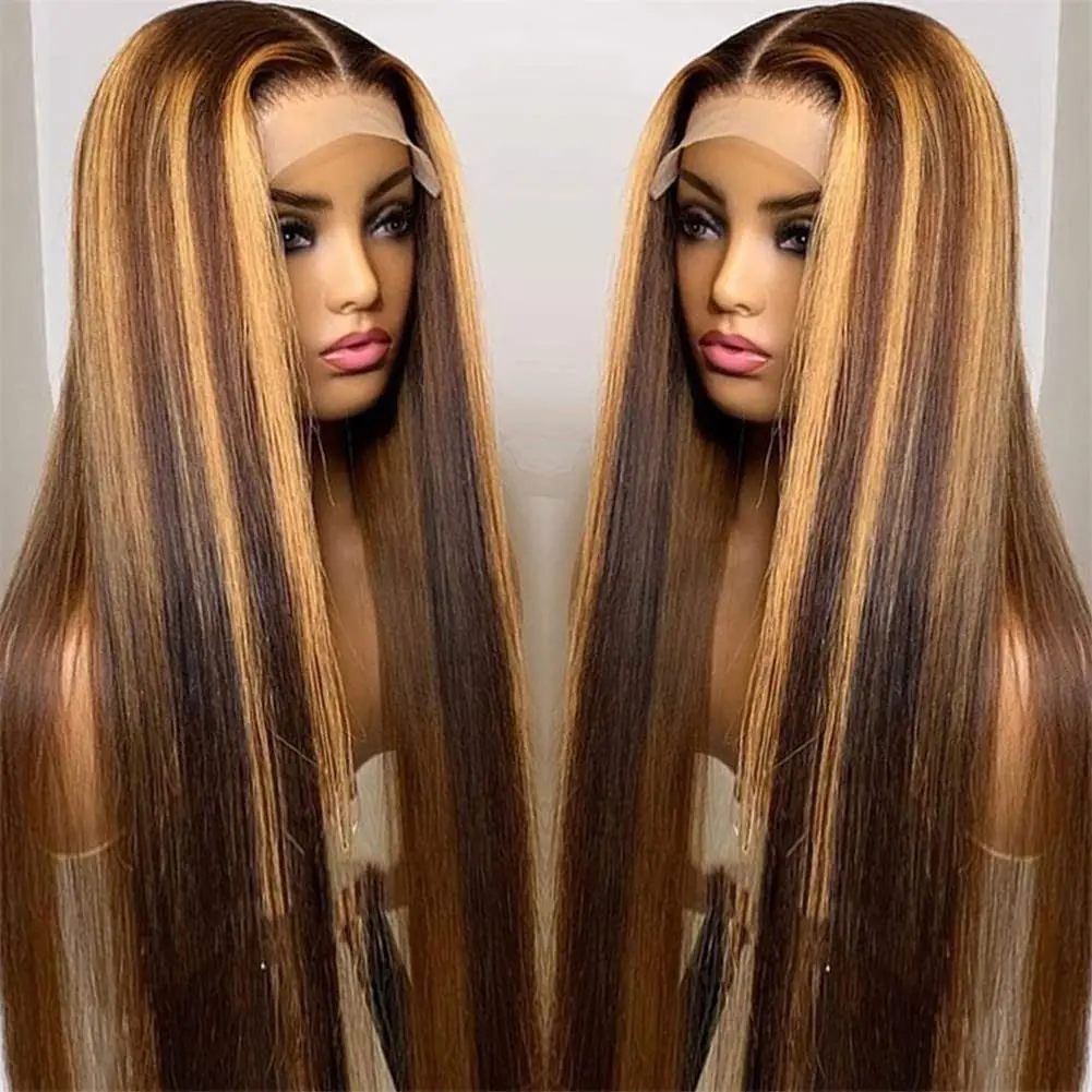 4/27 Highlight Ombre Blonde Long Straight 13x4 Lace Front Glueless Wig Side Part Wigs 180% Density Human Hair For Women