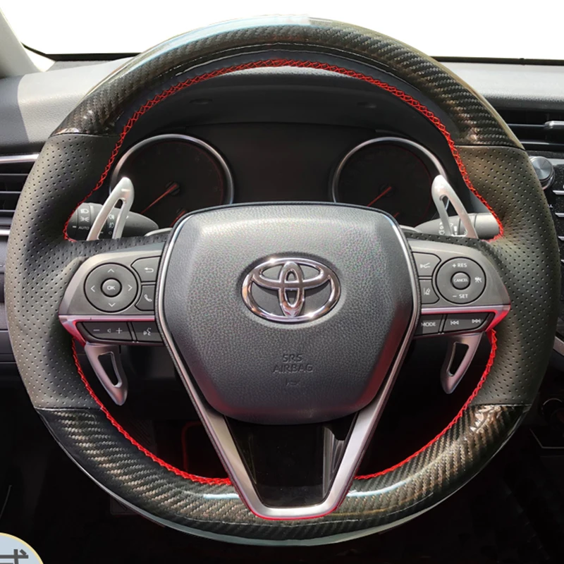For Toyota Avalon Camry Crown Corolla RAV4 2018-2023 Hand Stitched black Carbon fibre Genuine Leather Car Steering Wheel Cover