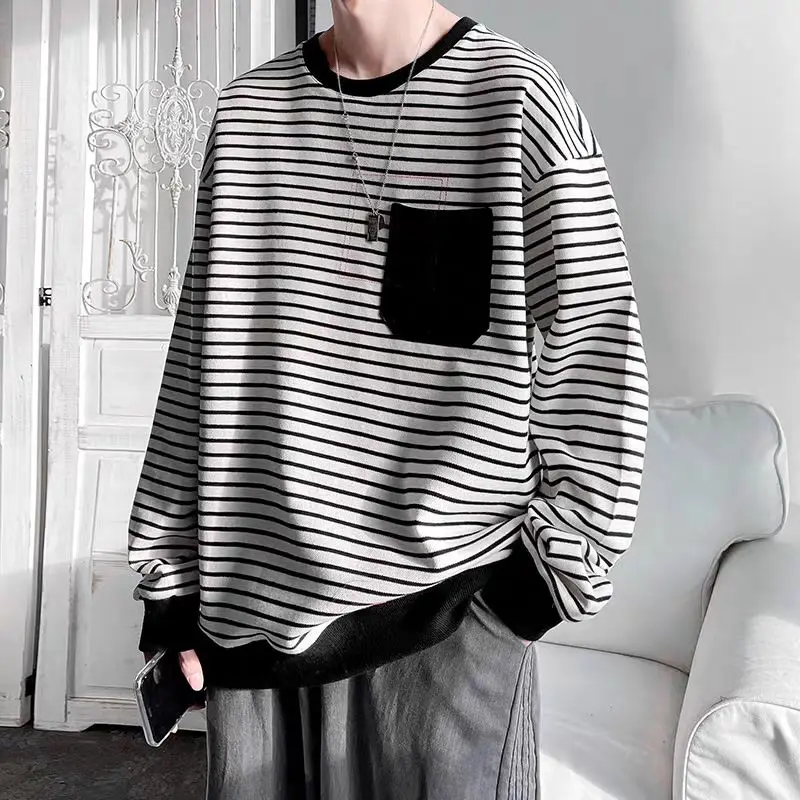 

New Round Neck Sweatshirt Men's Long Sleeve Casual Striped Sweatshirt
