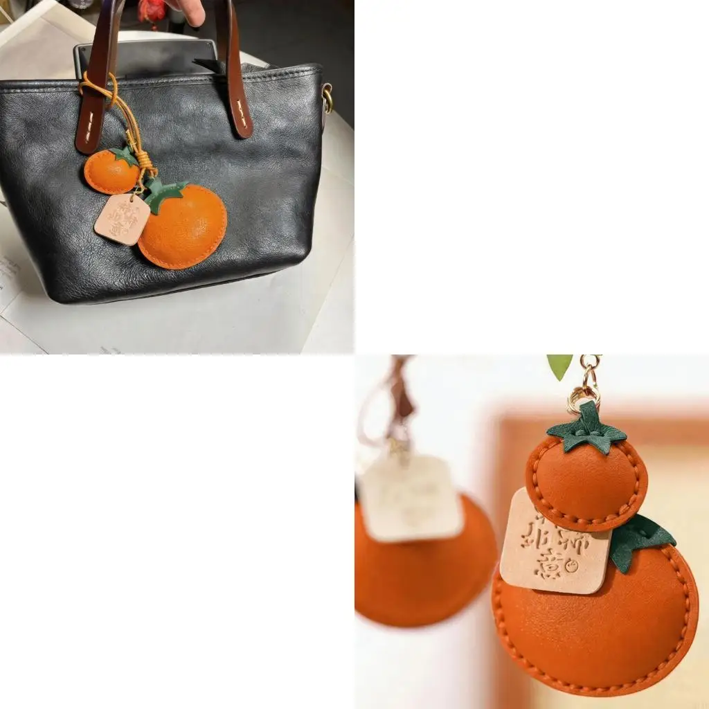 91AF Fruit Keychain Charm with Persimmon Textured Finish and Plaque Detail for Bags, Purses and Daily Keys