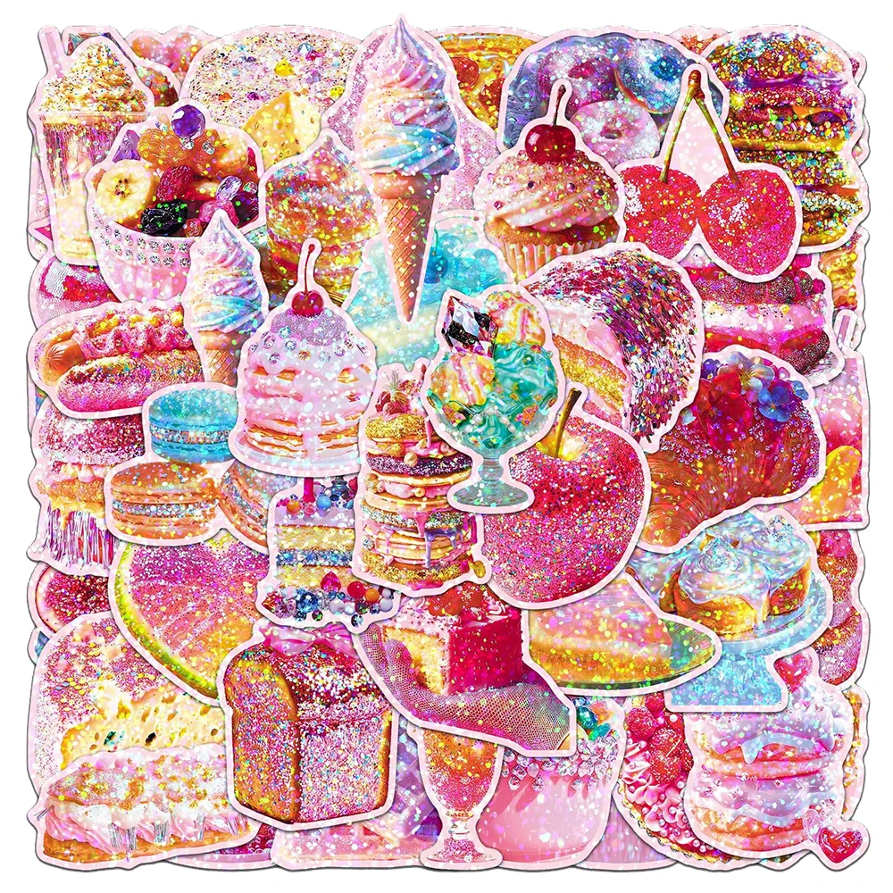 10/30/50pcs Colorful Sparkling Sweet Stickers Holographic Laser Dessert Decals DIY Scrapbook Suitcase Aesthetic Graffiti Sticker