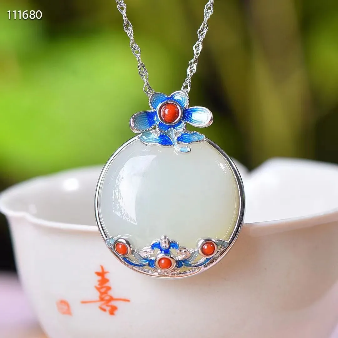 

Natural 100% real Sterling Silver necklace mosaic hetian jade time-honored methods pendant jewellery for woman gifts Bless peace