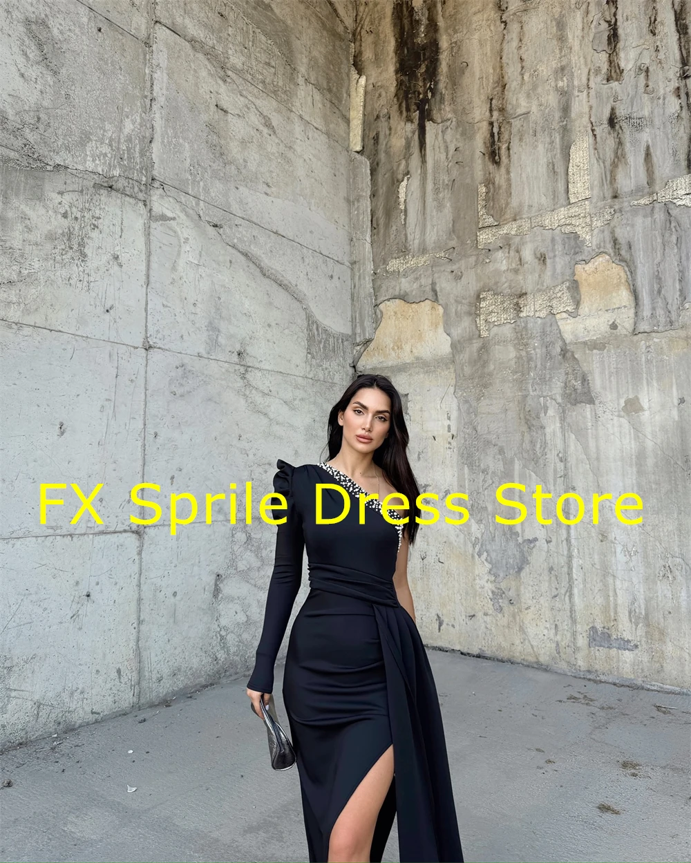 CustomizedCustomized Graceful Black Jersey Evening Dress Forma Boat Neck One Shoulder Long Sleeves Party Dress Modern Celebrity  image 5